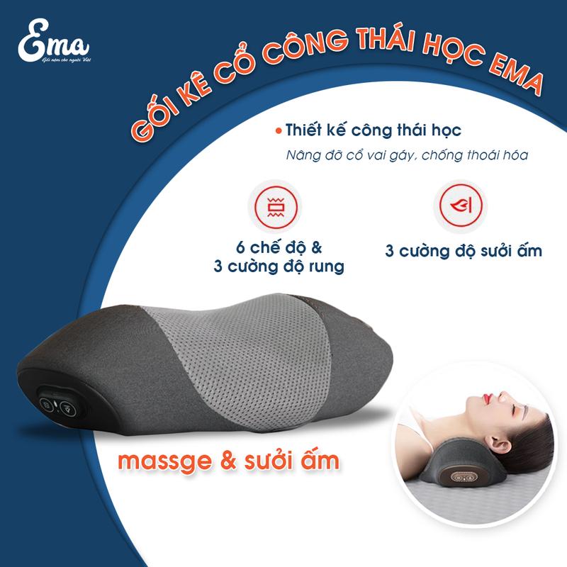 Gối massage cổ vai gáy Ema ruột cao su non mềm mại kết hợp mát xa và sưởi ấm