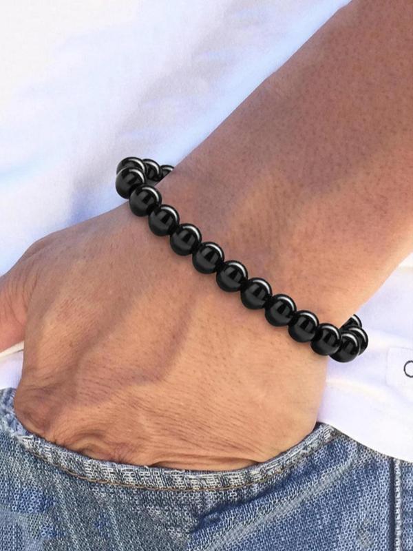 Men's Simple Beaded Bracelet, Casual Adjustable Beaded Bracelet for Daily Wear, Fashion Black Onyx Accessories for Men 2