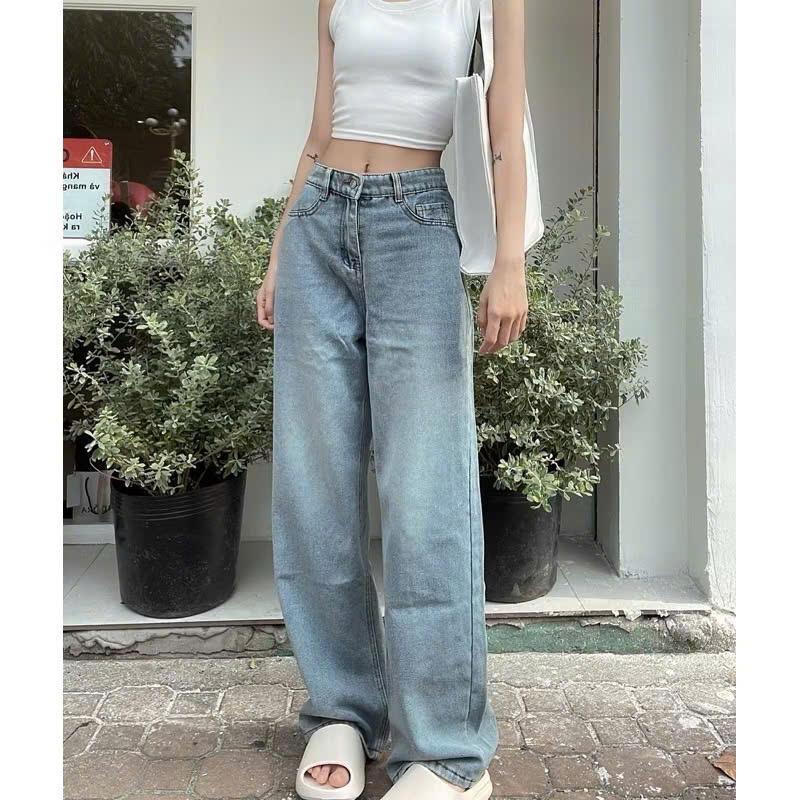 (S-XL) Quần jean suông gấu 5cm dáng DÀI 95CM NẤM LÙN cạp cao hack dáng CHA9