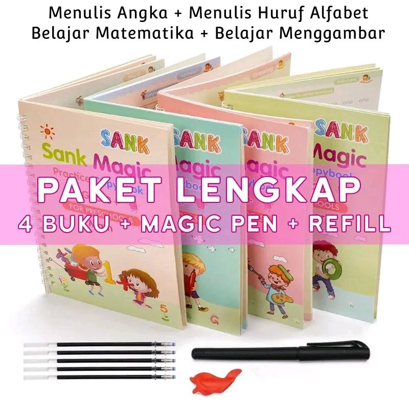 Buku belajar menulis anak tk dan paud / latihan menghitung menggambar tulis dan huruf Edukasi Anak buku sank magic practice book 1 set isi 4 buku + pulpen. edukasi angka matematika seni gambar alphabet 0