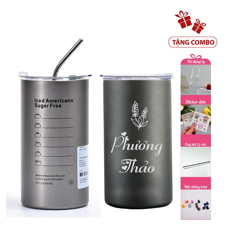 Ly giữ nhiệt Americano có khắc tên, logo Công ty, câu chúc theo yêu cầu được làm bằng inox 304, dung tích 600ml, giữ nhiệt 6h-8h có tặng kèm bộ ống hút - cọ rửa - sticker và túi nhựa đựng ly cao cấp