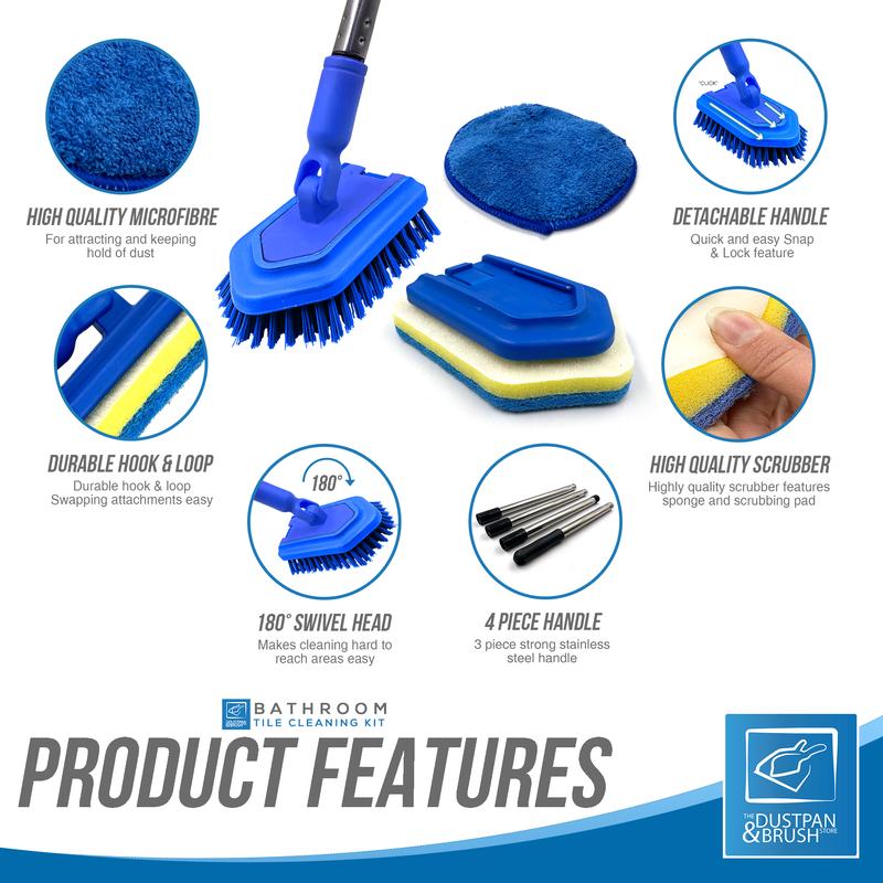 Long Handled Bathroom Cleaner - Easily Clean Tiles, Baths and Showers - Stiff Bristle Long and Durable Handle Brush Cleaning Pad Sponge Kit 2