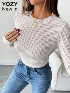 YOZY Women's Plain Waffle Knit Crop Tee, Casual Long Sleeve Round Neck T-shirt for Spring & Fall, Women's Top for Daily Wear