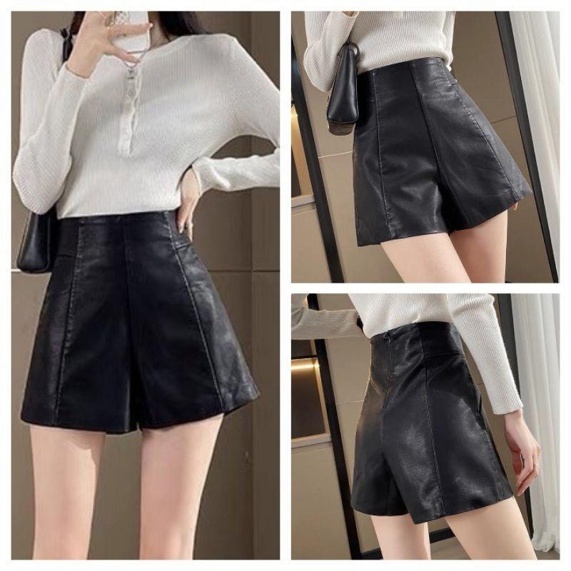 Quần short da cạp cao có túi dáng basic, quần đùi nữ cạp liền  ôm dáng siêu sang