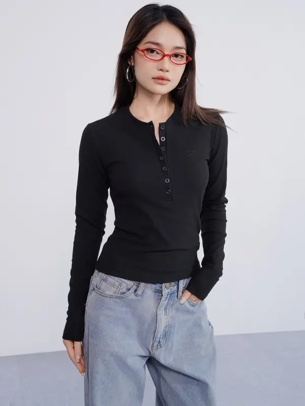 THEKIM Áo thun dài tay cổ tròn cúc ngực , chất liệu Rib cloud 100% cotton vải dày mềm mịn T259 6