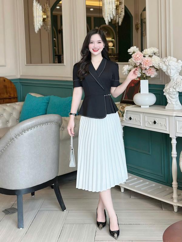 Áo peplum thiết kế Nhật Vy cổ vest tay ngắn chiết eo chất lụa công sở dự tiệc - D3210 4