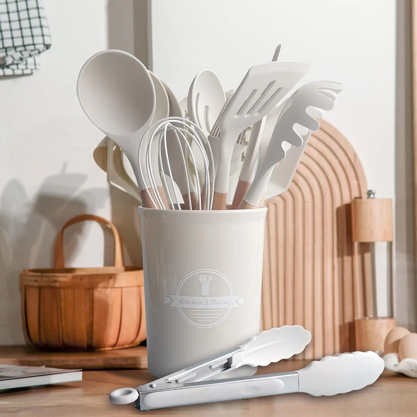 12pcs Silicone Kitchen Utensils Set, Including Spoon, Oil Brush, Tongs, Colander, Storage Box, 12 in 1 Long Handle Kitchenware Set, Kitchen Supplies