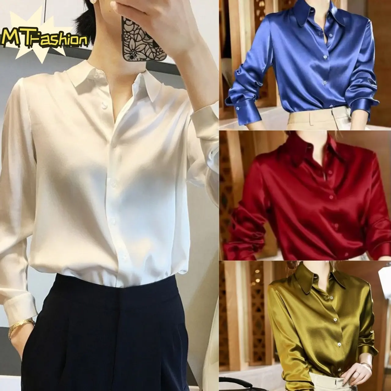 【COD】MT Fashion Clothing Heavy Luxurious High-end Solid color longsleeve shirt Korean version Silk Loose trend tops  Basic comfort Casual Women’s wear Button Blouse Womenswear  Lady  Collar