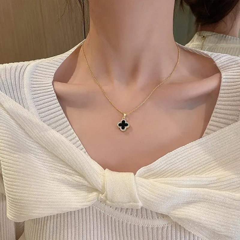 Vòng Cổ Cỏ Ba Lá Đen, Sang Trọng, Dành Cho Nữ Women Chain Trang Sức Jewelry 5