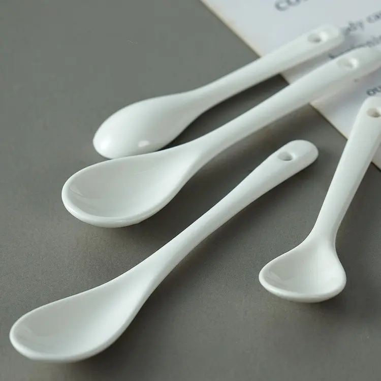 13cm Ceramic Spoon Coffee Short Handle Small Spoon Stirring Spoon Long Handle Seasoning Small Spoon Dessert Pure White Spoon