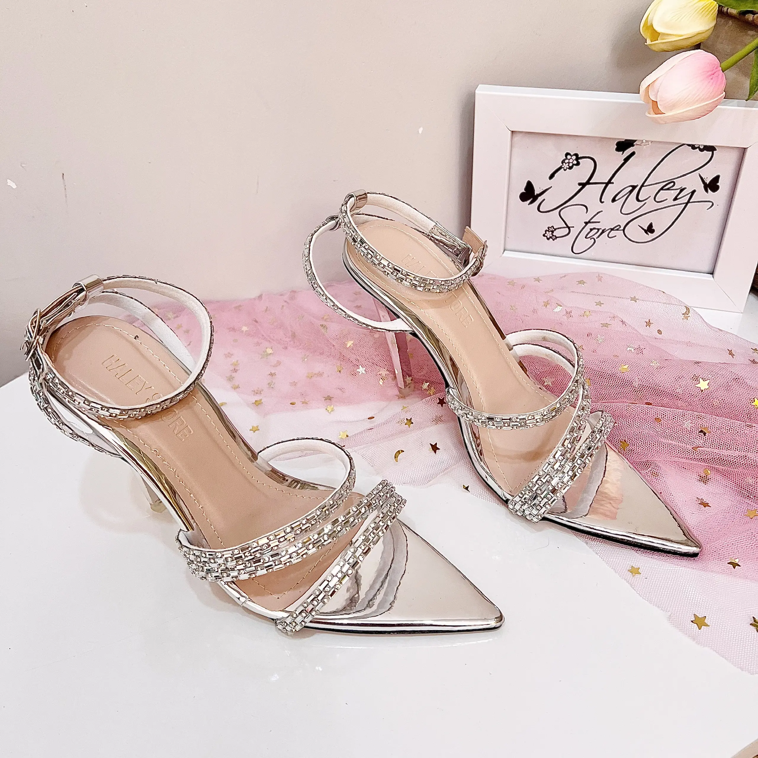 Giày sandal bạc xéo HALEY STORE 9p đá xoàn mũi nhọn quai đá đan chéo tiểu thư công chúa đi chơi đi tiệc đi du lịch êm chân