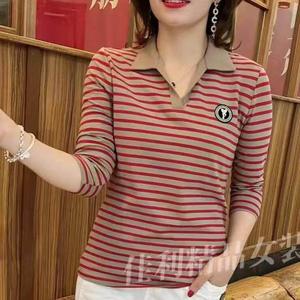100KG Fat Girl Can Wear Internet Celebrity New Design Stripe Lapel T-shirt Lady Long Sleeve Polo Shirt Loose Plus Size Fashion Blouse Women Polo collar t shirt