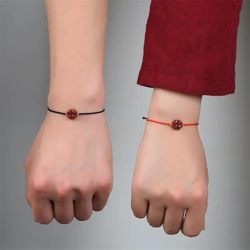 Handmade Red Rope Lucky Clover Bracelet Natural Purple Cinnabar Beads Women Men Couple  Adjustable Bangles