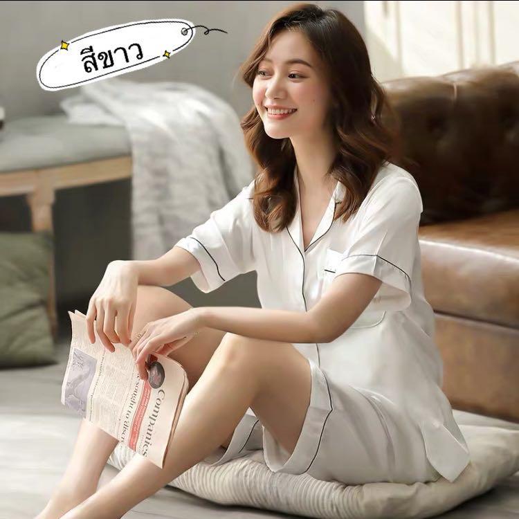 Luckybag-shop-Korean fashion pajamas, satin women, short sleeve shirt + shorts 1812 3