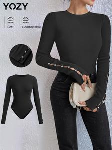 YOZY Women's Plain Faux Pearl Decor Cut Out Bodysuit, Casual Long Sleeve Button Closure Crotch Bodysuit for Spring & Fall, Ladies Clothes for Daily Wear