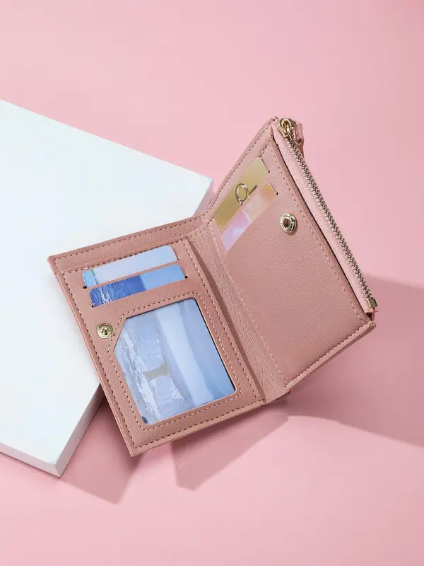 Minimalist Solid Color Short Bifold Wallet for Women, Casual Zipper Design PU Leather Wallet with Multi Card Slots, All-match Card Holder for Women & Girls, Valentine's Day, Gift 2