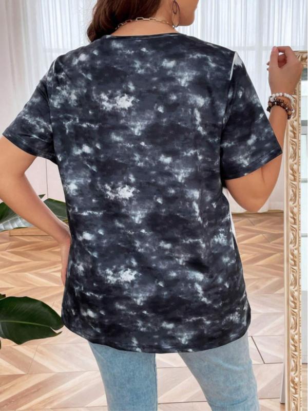 Plus Size Tie Dye & Letter Print V Neck Tee, Casual Short Sleeve T-Shirt for Summer, Women's Plus Clothing for Daily Wear 1