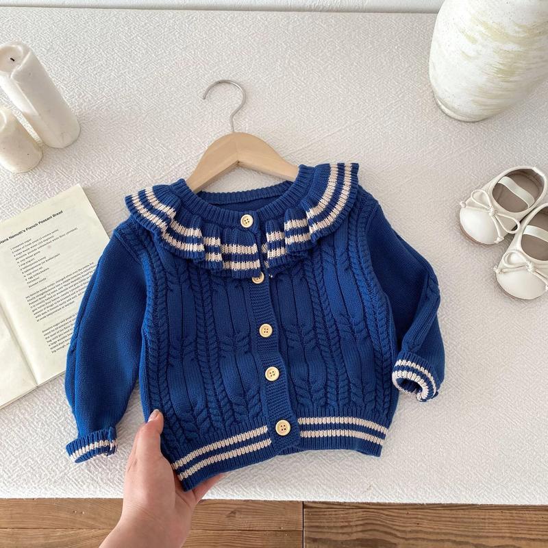 Product Introduction of Ins 2024 Autumn Baby Girls Knit Cardigan Sweater Lotus Collar Ruffle Line Collar Children Winter Solid Thicken Warm Knitwear Top 27