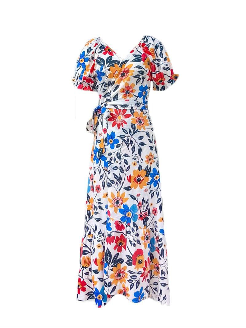 Product Introduction of Women's  Floral Print Belted  Dress, Boho Fashion Casual Flounce Sleeve Dress for Daily Holiday Vacation Wear, Ladies Dress for Summer 6