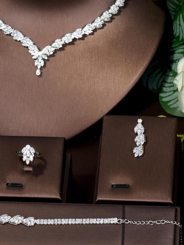 Women's Elegant Rhinestone Decor Jewelry Set, 5pcs/set Exquisite Trendy Chain Necklace & Earrings & Bracelet & Ring, Fashionable Luxury Jewelry Set for Party Decoration 3