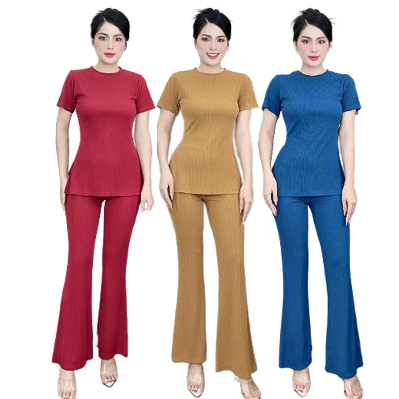 S18 Set bộ áo cổ tròn tay ngắn xẻ tà Store Phương Linh quần óng loe chất len sọc dày dặn đủ size S, M, L, XL, XXL phù cho các dịp thông thường Có thể giặt bằng máy 0