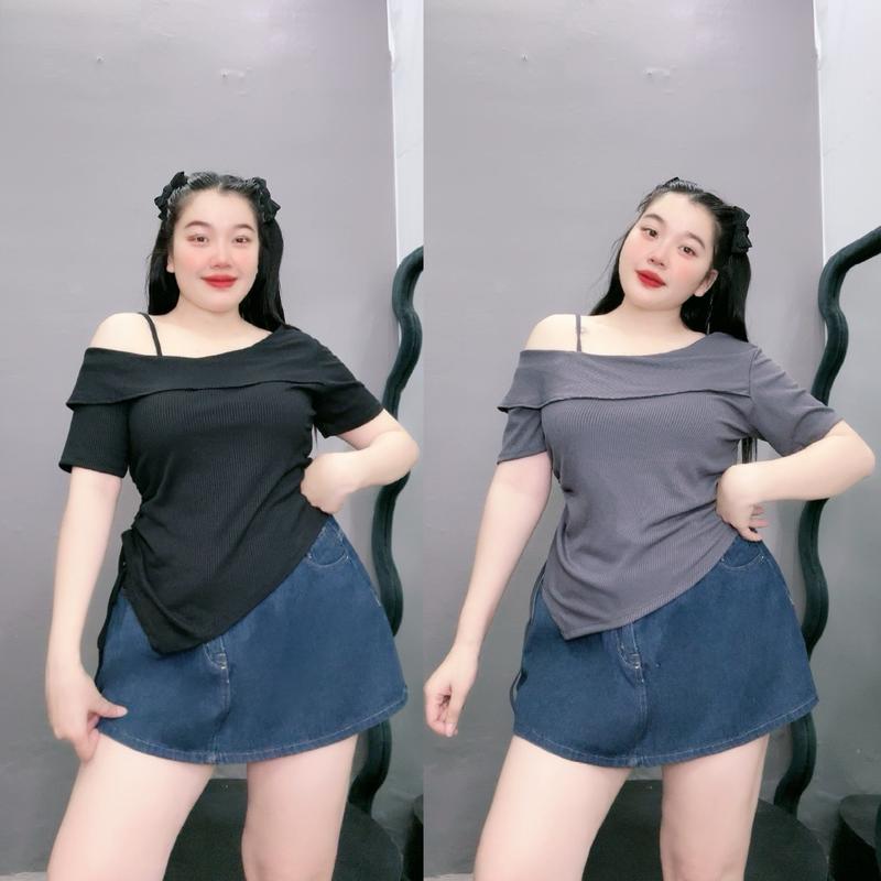 Áo thun bigsize nữ cách điệu vạt gập trễ vai một bên vạt chéo nhún bèo rút dây chất vải gân tăm co giãn-G213