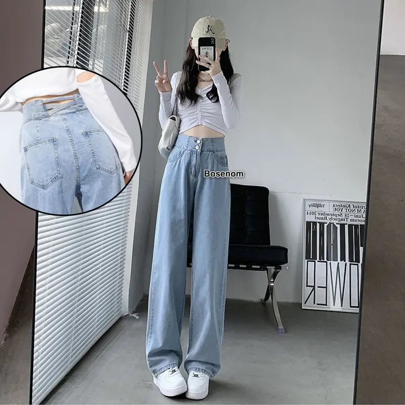 BOSENOM- Celana Kulot Jeans Wanita Highwaist Premium Variasi 2 kancing loose celana jins Panjang kasual pinggang crossback Kaki Nyaman Santai Stretch Belah Samping Belah Samping Hitam 3