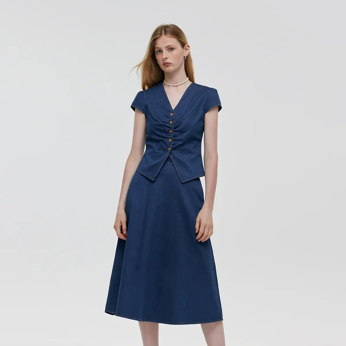 Denim V-Neck Top And Midi Skirt Two-Piece Set Fit Womenswear