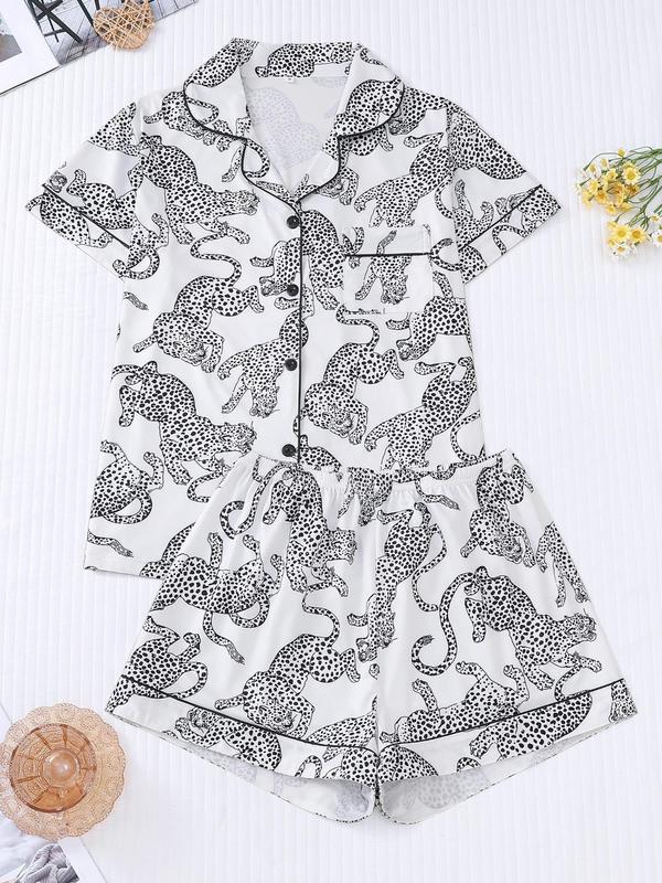 Women's Cartoon Print Contrast Binding Pocket Lapel Shirt & Elastic Waist Shorts Pyjama Set, Casual Comfy Button Front Short Sleeve Top & Shorts Pj Set, Pyjamas for Women, Pajamas, Ladies Sleepwear, Pyjamas for Women 8