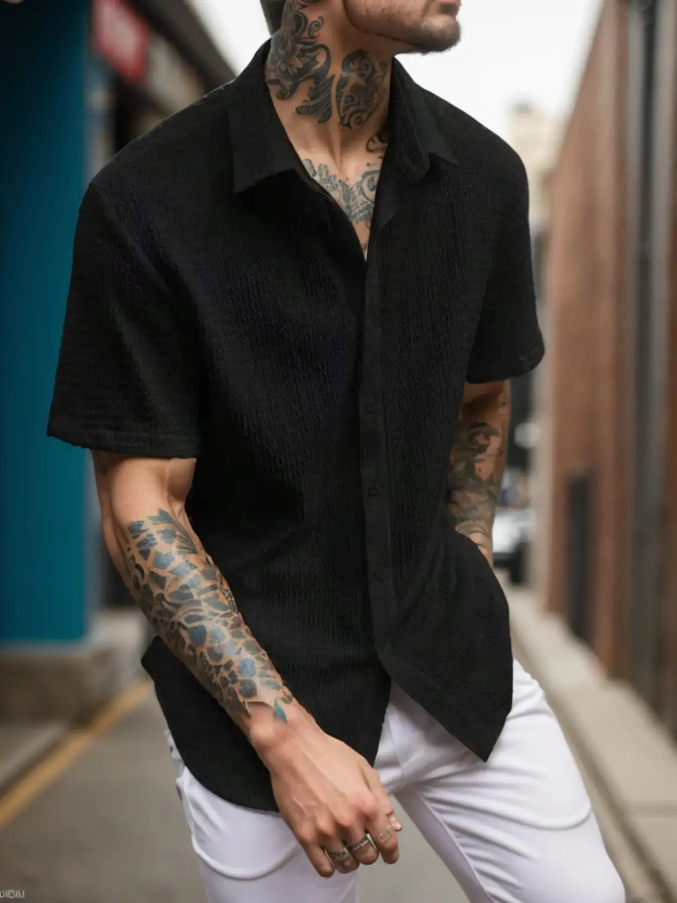 Men's Solid Textured Button Front Shirt, Loose Casual Short Sleeve Collared Top for Daily Wear, Men's Clothes for All Seasons