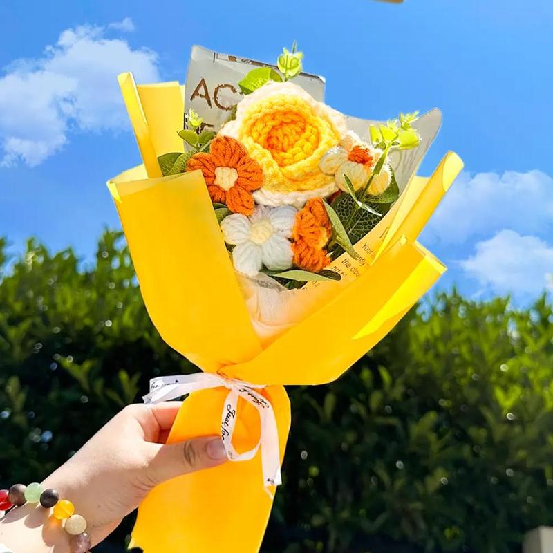 1 Count Artificial Hand Crochet Flowers Bouquet, Hand Woven Rose Flower Bouquet, Faux Knitted Sunflower Flower for Birthday Anniversary, Finished Artificial Flowers Home Decor Gift with Gift Bag 3