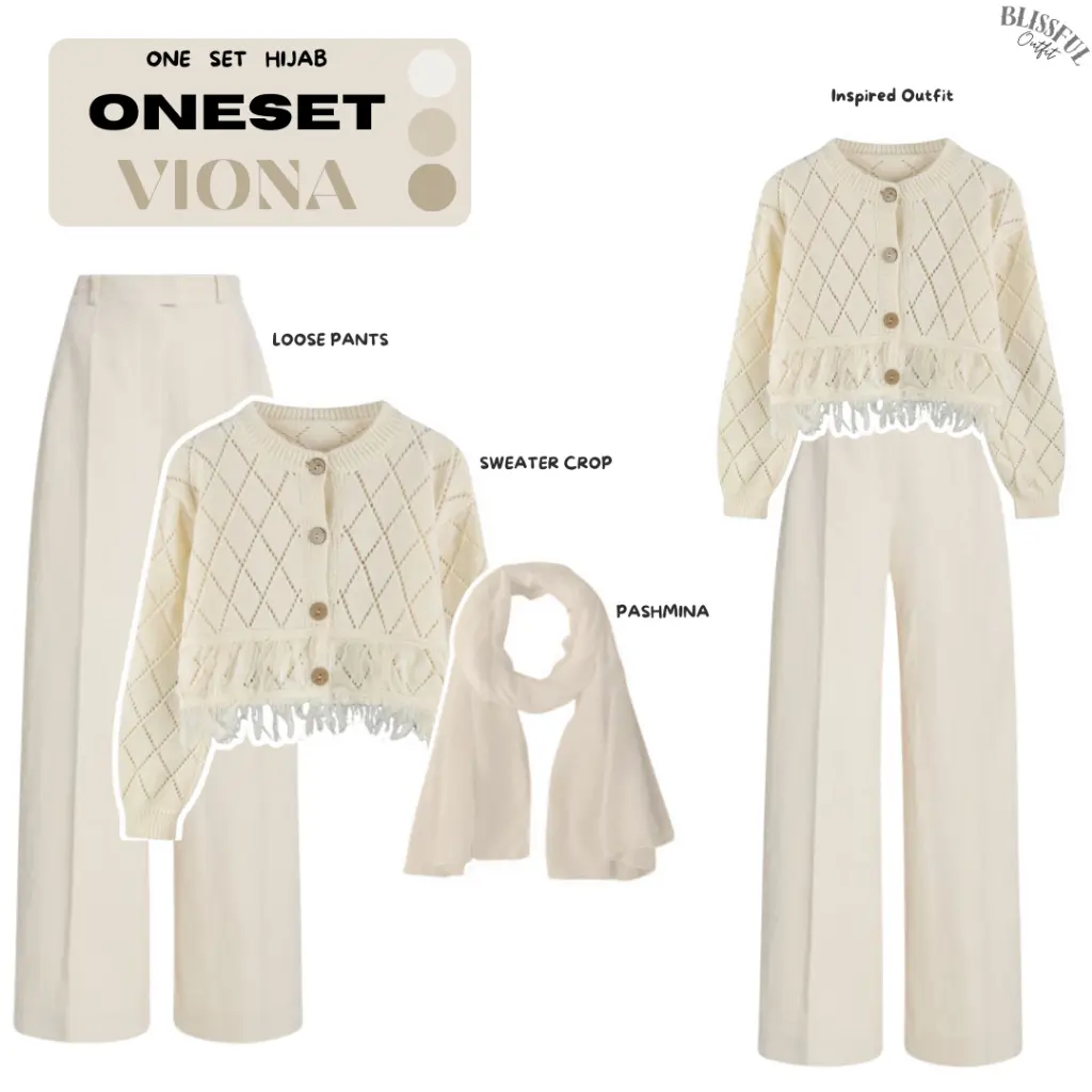 RAMADHAN SALE VIONA Oneset Outfit Wanita, Cardigan Crop Rawis, Loose Pants Cream, Pashmina Ceruty, OOTD Hijab Celana Muslim Panjang Santai