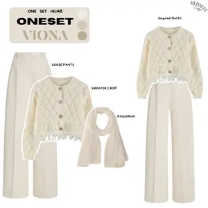 RAMADHAN SALE VIONA Oneset Outfit Wanita, Cardigan Crop Rawis, Loose Pants Cream, Pashmina Ceruty, OOTD Hijab Celana Muslim Panjang Santai