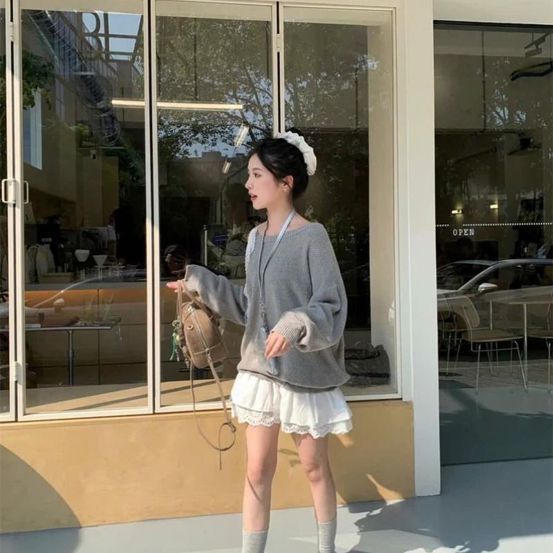 Váy Lệch Vai Xám Phối Chân Ren Kèm Quần Đùi Rời | Lithe.store  Women  Dress 3