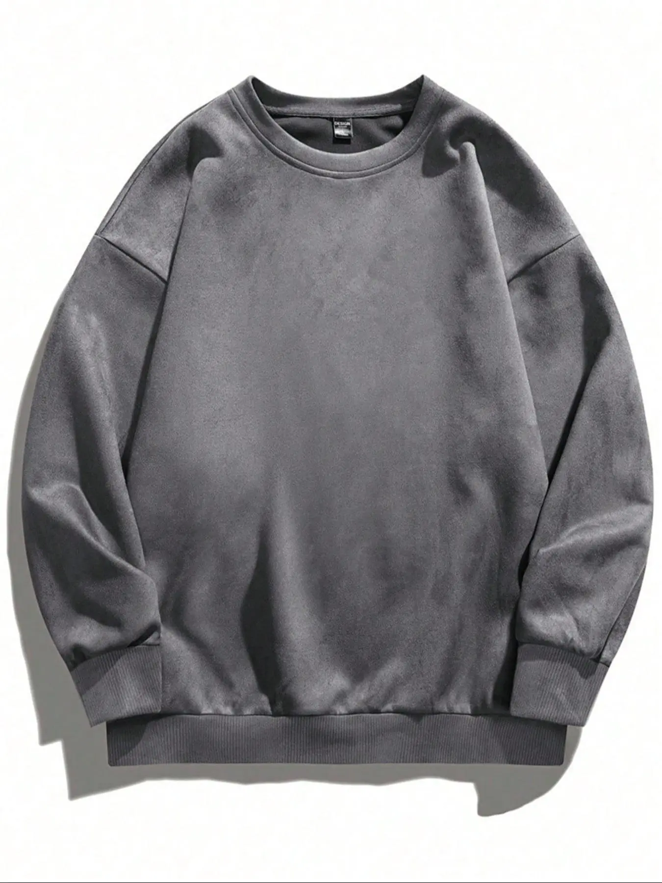 Men's Solid Drop Shoulder Suede Sweatshirt, Regular Fit Casual Long Sleeve Round Neck Pullover for Fall & Winter, Men's Clothes for Daily Wear