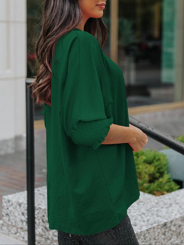 Women's Solid Shirred Batwing Sleeve Chiffon Blouse, Casual Round Neck Long Sleeve Top For Spring & Fall, Women's Clothes For Daily Wear 2