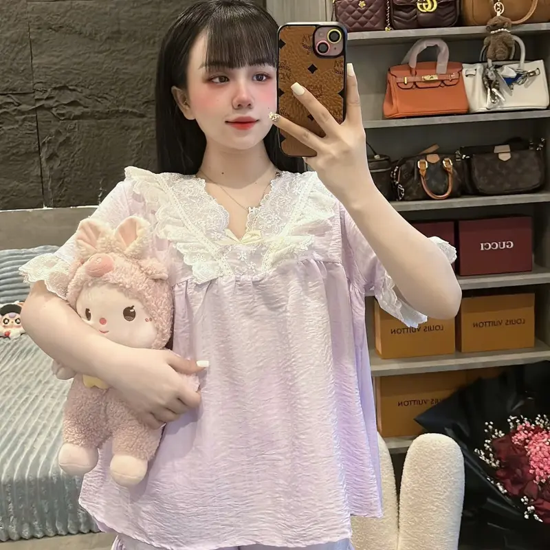 40-58kg Áo dáng babydoll Bộ đũi mềm mịn mát cổ V phối ren xinh 1