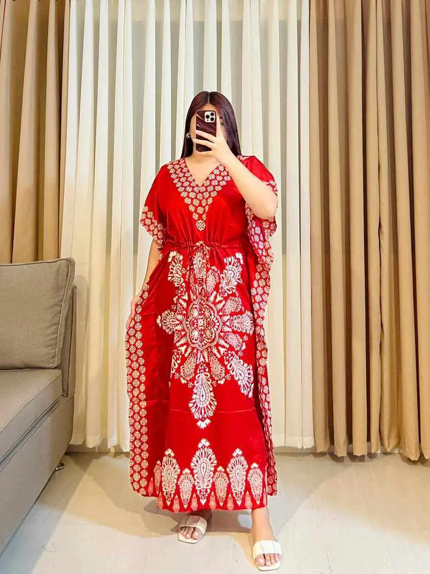ZAYNEB Batik Kaftan Maxi Cover Up Dress for Women - Loose Fitting, Short Sleeve, V-Neck, 100% Viscose
