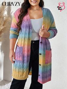 CURVZY Plus Size Colorblock Print Button Front Drop Shoulder Cable Knit Cardigan, Casual Long Sleeve V Neck Cardigan for Fall & Winter, Women's Clothing for Daily Wear