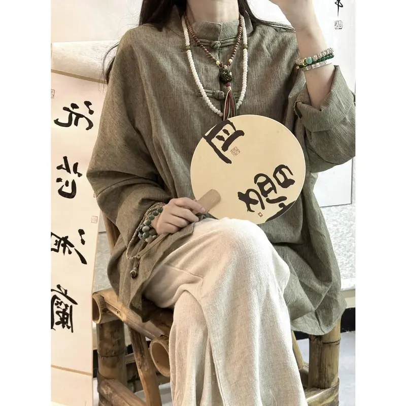 Áo Sơ Mi Cotton Và Vải Lanh Cho Nữ, Áo Có Nút Thắt Trung Quốc, Quần Áo Trà Mùa Hè, Cảm Giác Lạnh Zen, Mặc, Dáng Rộng 6
