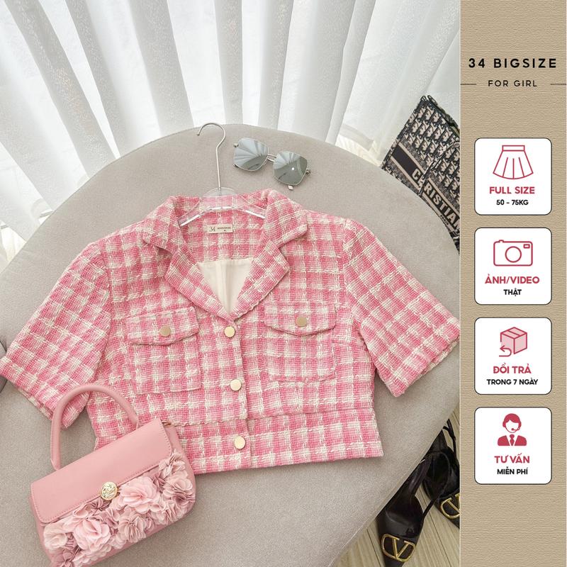 Áo kiểu caro 34AK029 34 Bigsize, áo croptop bigsize nữ chất vải dạ tweed mềm cao cấp dễ thương phù hợp đi chơi dự tiệc