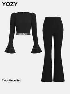 YOZY Women's Solid Flounce Sleeve Top & High Waist Flare Leg Pants Set, Casual Fashion Cozy Two-piece Outfits for Daily Outdoor Wear, Women Clothes for Fall & Winter