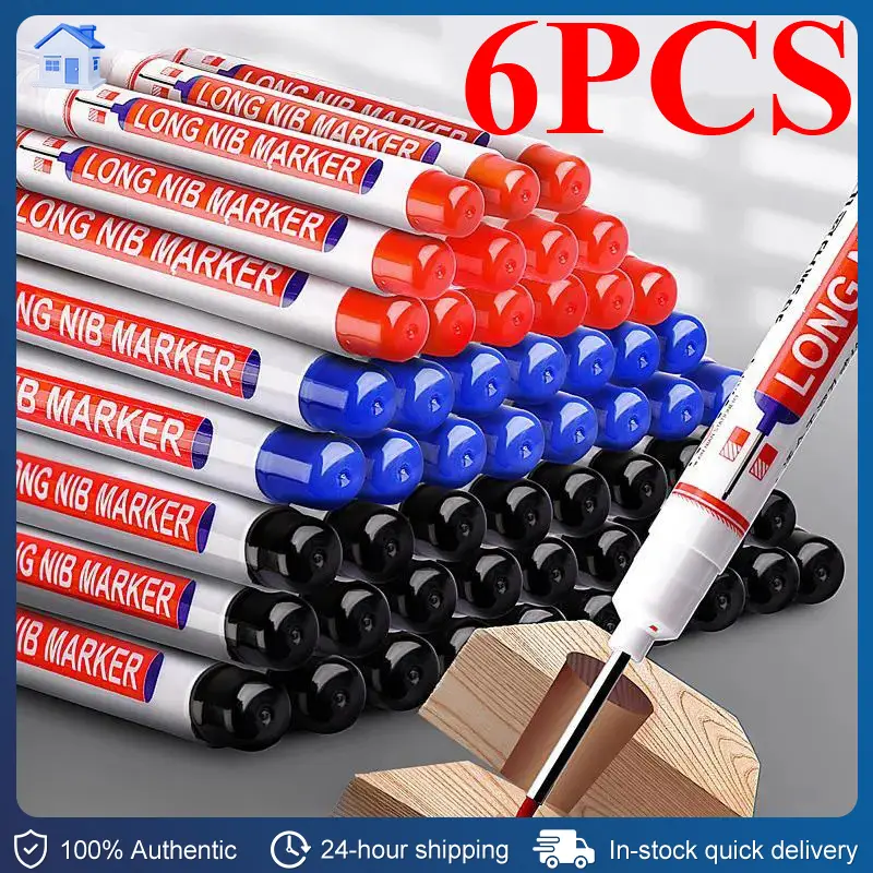 6Pcs/Set 20m Deep Hole Long Nib Head Markers For Metal Perforating Pen Waterproof Bathroom Woodworking Decoration Multi-Purpose