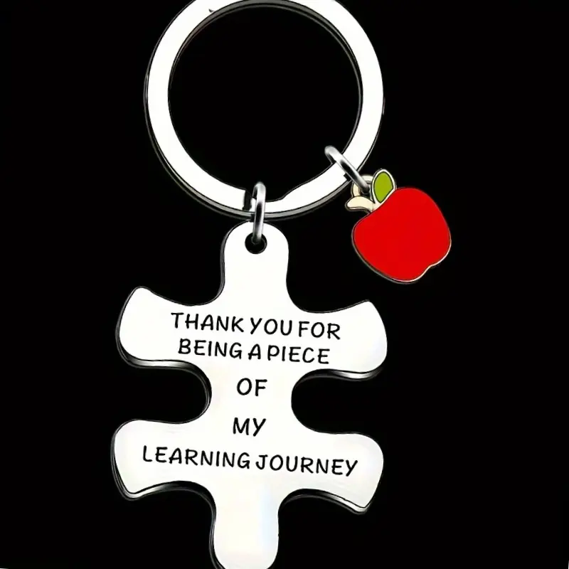 1pc, Puzzle Piece Keychain, Stainless Steel, 'Thank You For Being A Piece Of My Learning Journey' Engraving Keychain For Men, Teacher Appreciation Gift With Red Apple Charm
