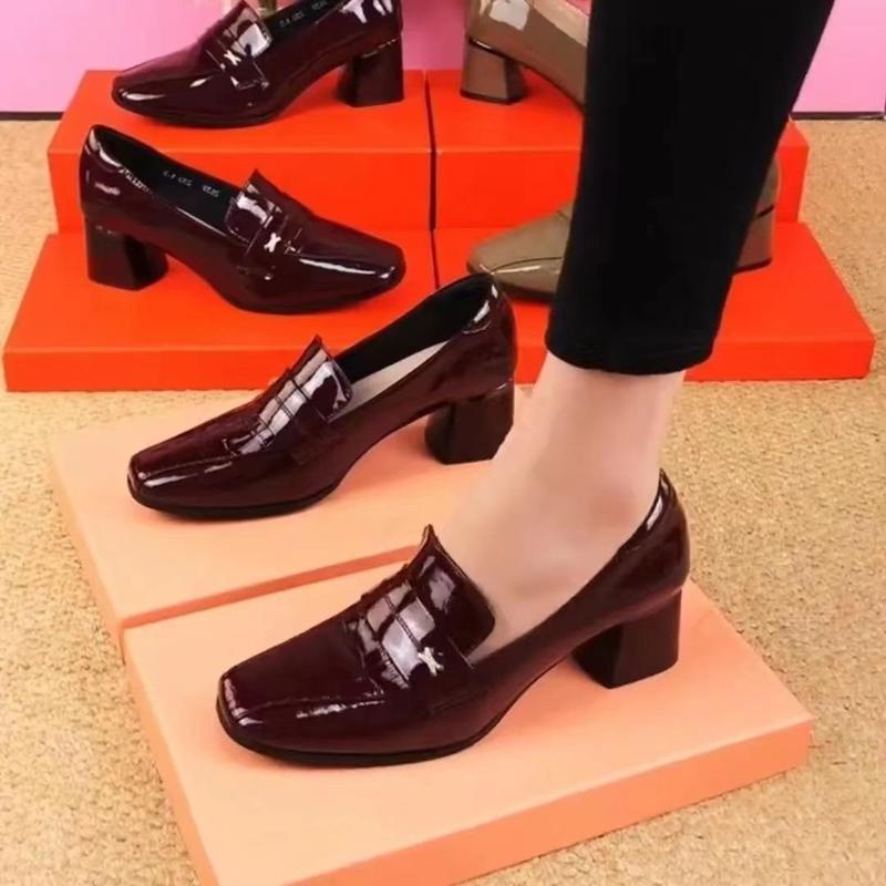 Giày Cao Gót, Da Thật, Dành Cho Nữ, Phong Cách Anh Quốc, Gót Chunky, Da Bóng, Giày Lười, Gót Trung Bình Hàng Mới Về Mùa Lò Xo Và Mùa Thu 2024 2