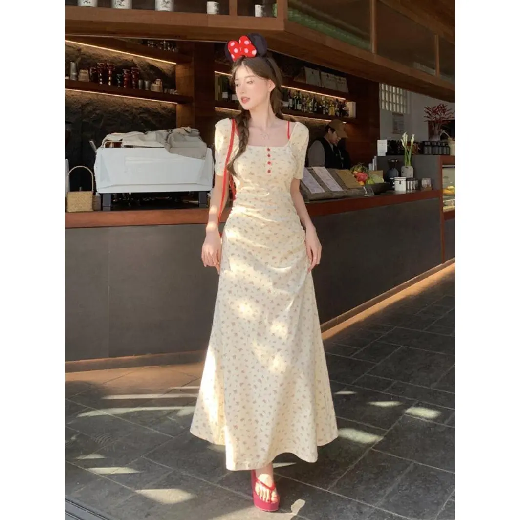 plus Size Women's Clothing New Vacation Style Short-Sleeved Floral Skirt Plump Girls Elegant Summer French Waist-Tight Dress
