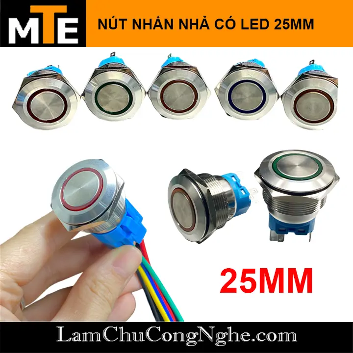 Nút nhấn nhả 25mm không giữ trạng thái, nút Reset có led chống nước 3-6V, 12V, 24V, 220V