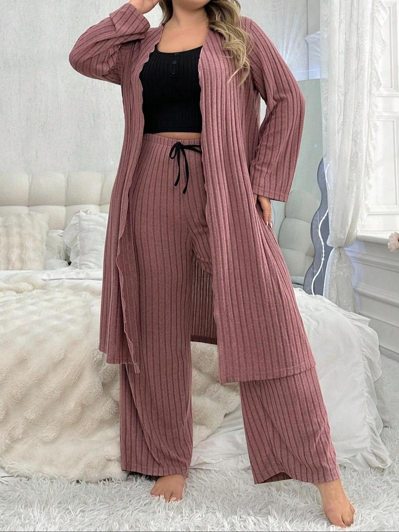 Product Introduction of 【Plus Size】 Solid Crop Top & Wide Leg Pants & Open Front Long Sleeve Outwear Loungewear Three-piece Set, Casual Comfy Pyjama Set for Women, Women's Sleepwear for All Seasons 4