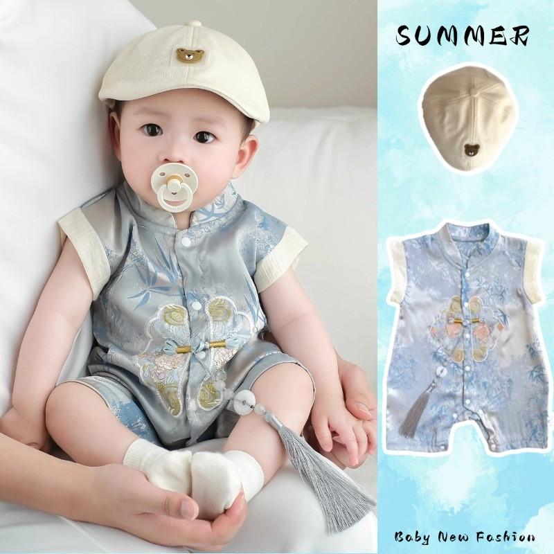 Quần Áo Trẻ Em Bộ Đồ Tang Hanfu Trung Quốc Không Tay Áo, Bộ Đồ Áo Liền Quần Có Mặt Dây Chuyền, Chất Lượng Cao, Thêu Hoa, Áo Liền Quần, Thích Hợp Cho Mùa Hè, Cho 0-24 Tháng Tuổi, Phong Cách Trung Quốc Hàng Mới Về