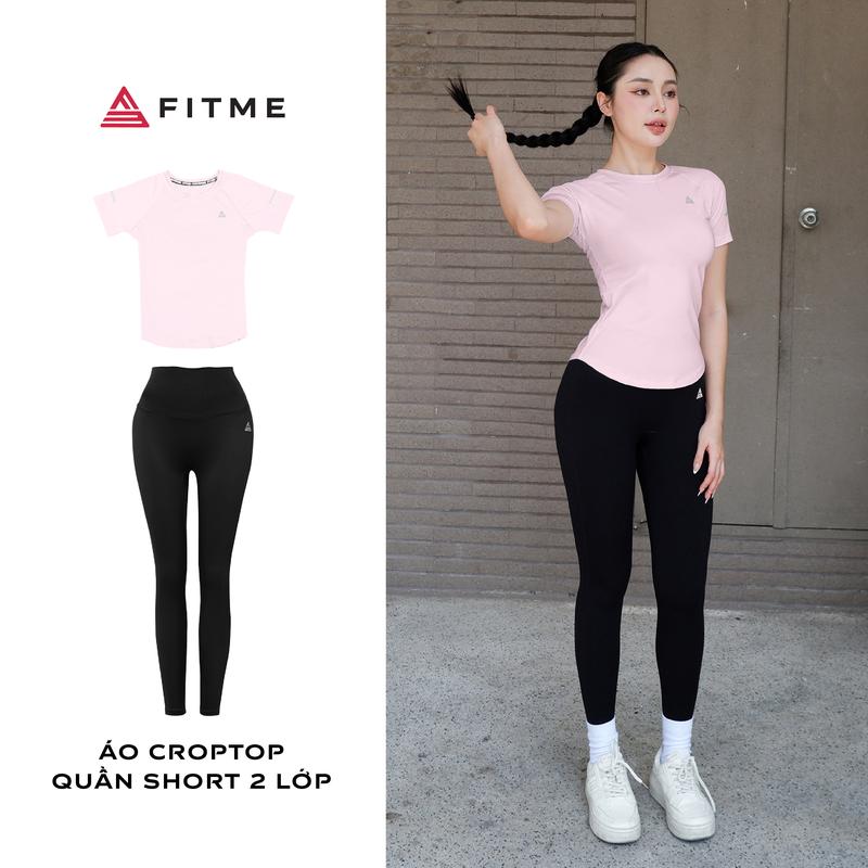 Bộ đồ tập gym yoga Fitme áo thun vạt bầu Hồng Pastel quần dài legging Đen tôn dáng